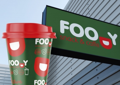 Identity and environmental graphics design for Foody Snack & Caffe